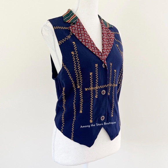 Extremely Rare 90s Vintage Mixed Print Navy Vest ASO Phoebe Buffay in Friends - Picture 9 of 13